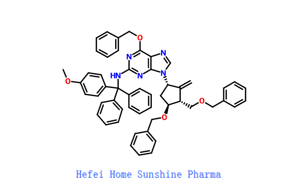 6- (Benzyloxy) -9-((1S, 3R, 3S) -4- (benzyloxy) -3- (benzyloxymethyl) -2-methylenecyclopentyl) -N-((4-methoxyphenyl) diphenylmethyl) -9H-purin-2 -amin CAS 142217-80-9